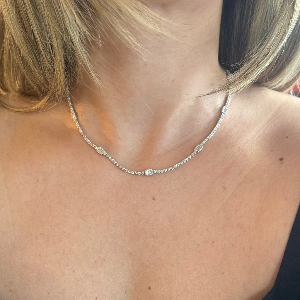 Emerald Cut Detail Diamond Tennis Necklace